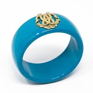 Authentic Roberto Cavalli Teal Blue Bangle Bracelet Plastic Gold Tone Logo Large
